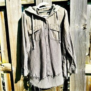 American Eagle Oversized Hooded Flannel Shirt Gray Ombre